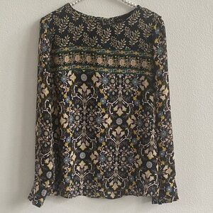 Premise Blue, Green and Gold Floral Long Sleeve Blouse With Slight Puff Sleeves